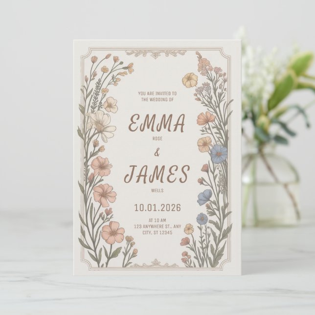 Elegant Boho Blommig Bröllopsinbjudan Inbjudningar (Stående Fram)