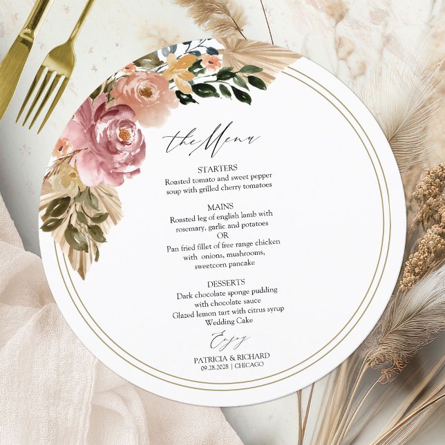 Elegant Boho Blommig Cirkulär Bröllopsmeny Kort (Skapare uppladdad)