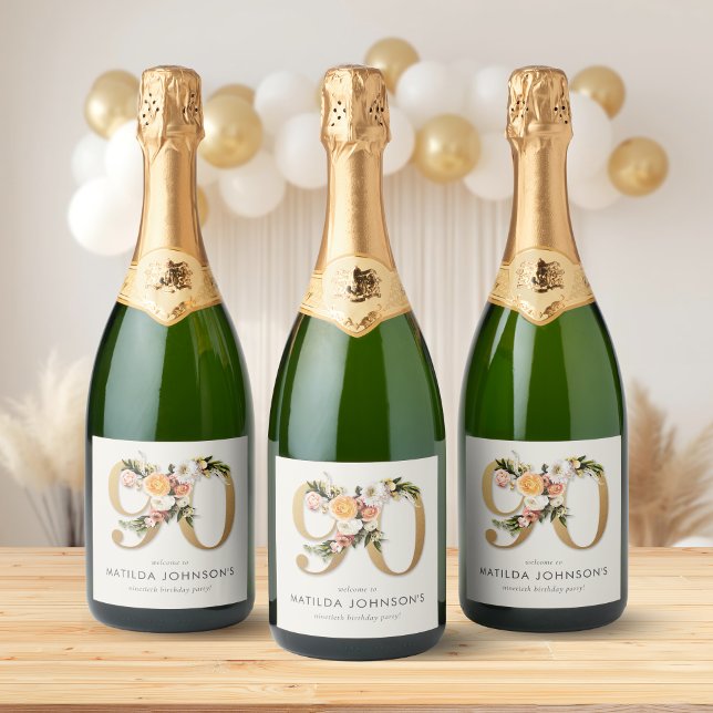 Elegant Boho Blommig Guld Folie 90-årsdag (Elegant Boho Floral Gold Foil 90th Birthday Sparkling Wine Label)
