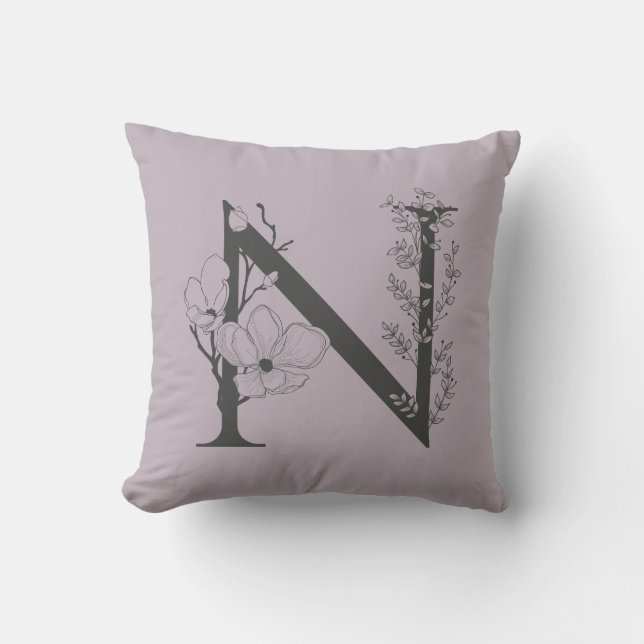 Elegant & Boho Blommig Monogram Initial Lila Grå Kudde (Framsida)