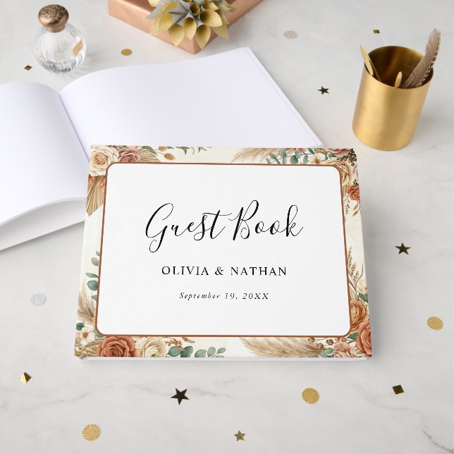 Elegant Boho Blommig Pampas Bröllopsgästbok Gästböcker (Framsida Öppen)