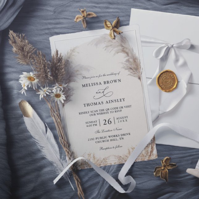 Elegant Boho Blommig Pampas Budget QR-kod Bröllop Inbjudningar (Skapare uppladdad)
