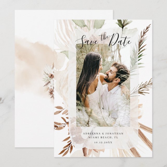 Elegant Boho Blommig Pampas Foto Spara Datumet (Fram/baksida)
