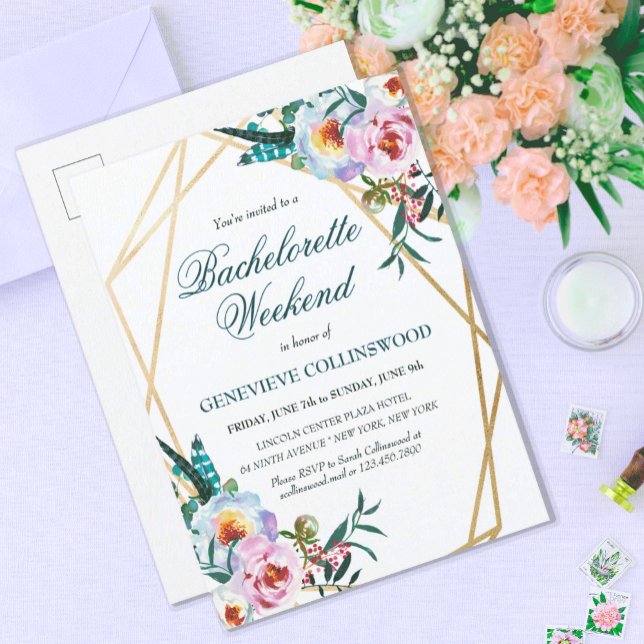 Elegant Boho Blommigt Bachelorette Helg Itinerary Inbjudan Vykort (PRETTY BLUE BOHO FLORAL BACHELORETTE WEEKEND INVITATION POSTCARD WITH ITINERARY)