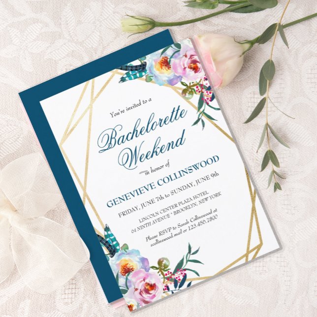 Elegant Boho Blommigt Bachelorette Helg Itinerary Inbjudningar (PRETTY BLUE BOHO FLORAL BACHELORETTE WEEKEND INVITATION WITH ITINERARY)