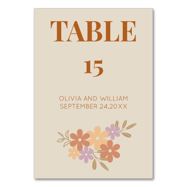 Elegant Boho Blommigt Bröllop BORDSNUMREN Bordsnummer (Framsidan)