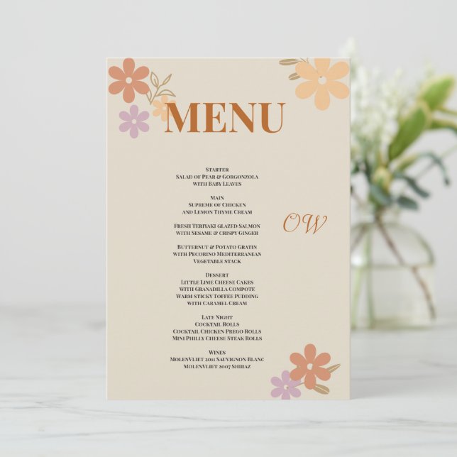 Elegant Boho Blommigt Bröllop Menu-inbjudan Inbjudningar (Stående Fram)