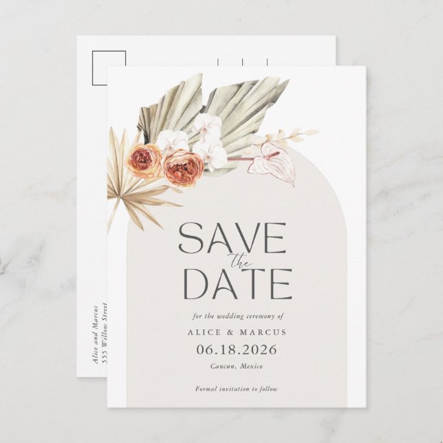 Elegant Boho Blommigt Budget Bröllop spara datum Meddelande Vykort (Fram/baksida)