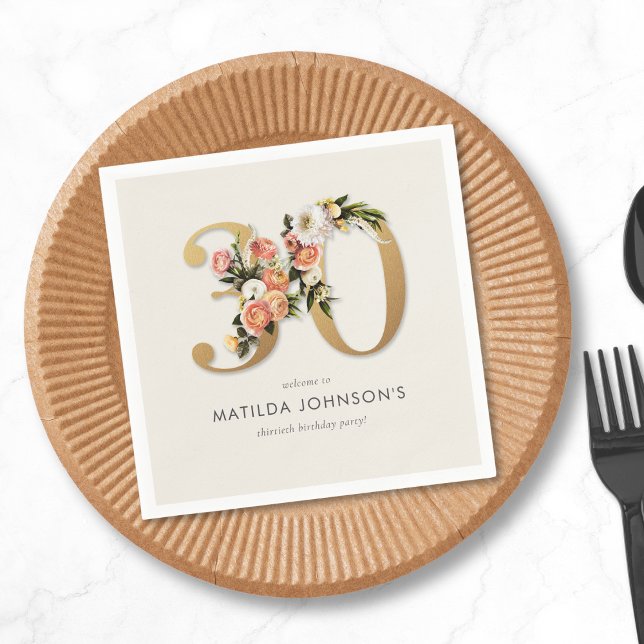 Elegant Boho Blommigt Gold Foil 30års födelsedag Pappersservett (Skapare uppladdad)