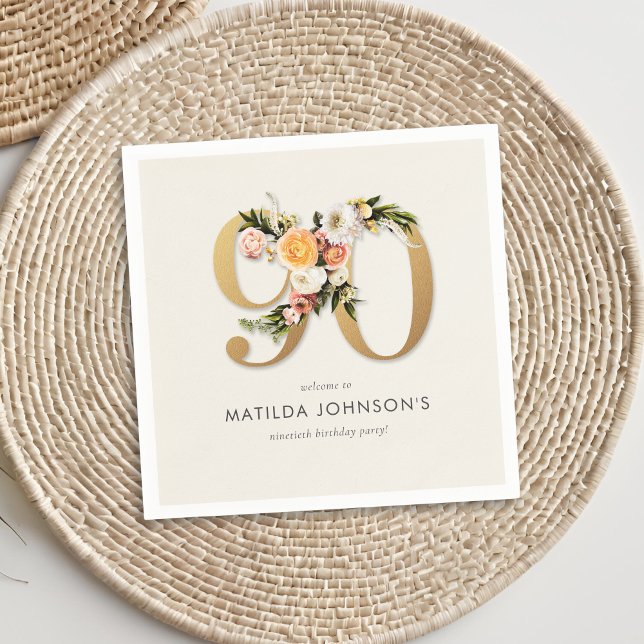 Elegant Boho Blommigt Gold Foil 90:e Birthday Pappersservett (Elegant Boho Floral Gold Foil 90th Birthday Napkins)