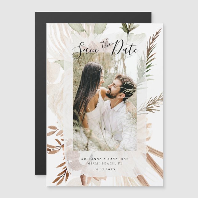 Elegant Boho Blommigt Pampas Photo Save Date Magnetisk Inbjudningskort (Fram/baksida)