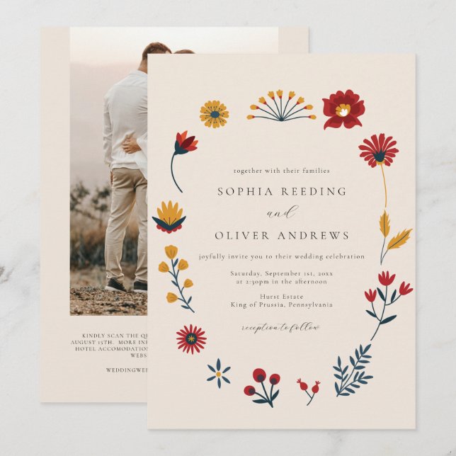 Elegant Boho Blommigt QR-kod Foto Bröllop Inbjudningar (Fram/baksida)