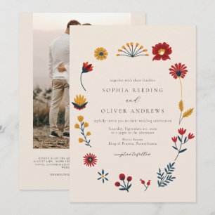 Elegant Boho Blommigt QR-kod Foto Bröllop Inbjudningar