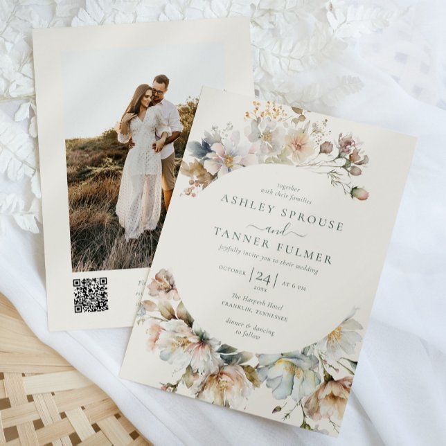 Elegant Boho Blommigt QR-kod Foto Bröllop Inbjudningar (Skapare uppladdad)