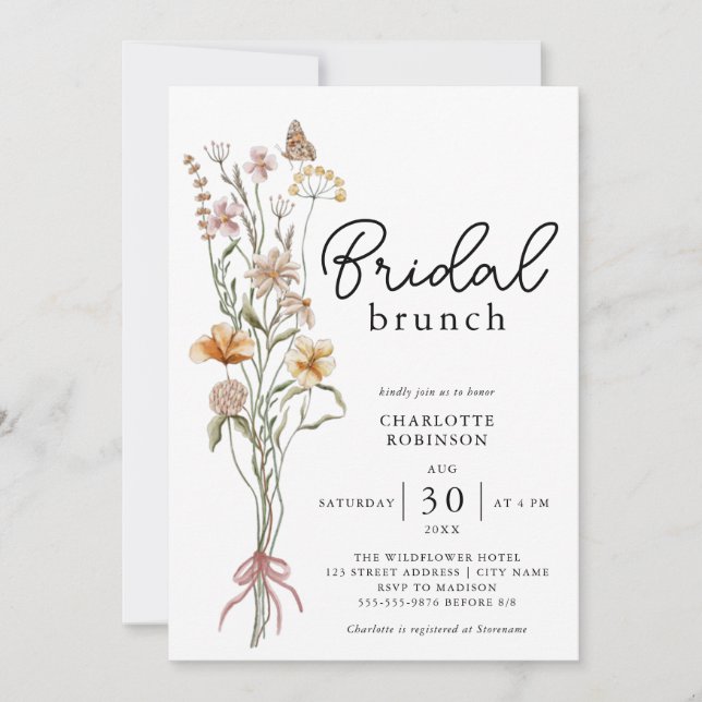 Elegant Boho Blommigt Wildblomme Möhippa Brunch Inbjudningar (Framsida)