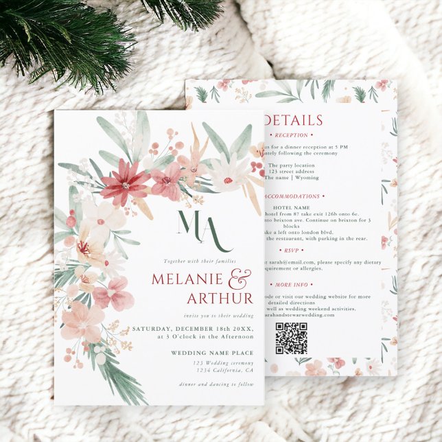 Elegant Boho Blommigt Winter Wedding QR-kod Inbjudningar (Elegant Boho Floral Winter Wedding QR code Invitation)