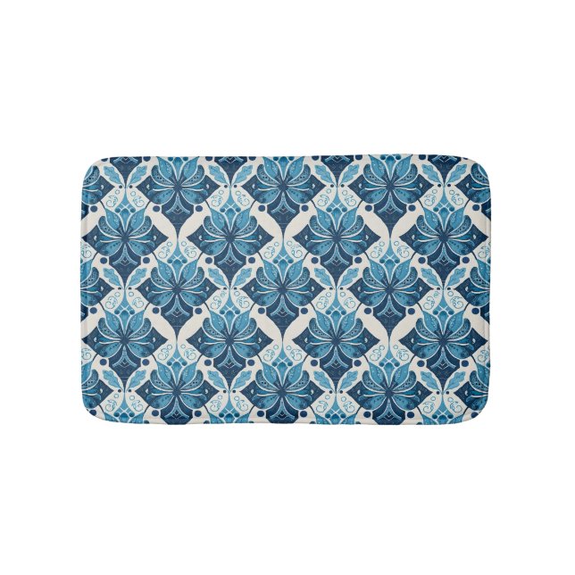 Elegant Boho Blommönster i Blå Badrumsmatta (Framsidan)
