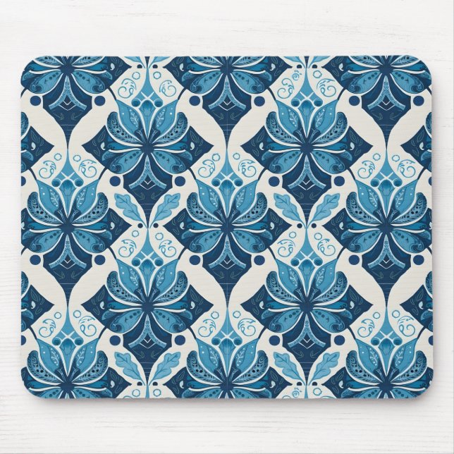 Elegant Boho Blommönster i Blå Musmatta (Framsidan)