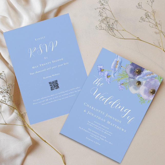 Elegant Boho Blomsterbukett Blå Bröllops Qr Kod Inbjudningar (Elegant wildflower bouquet watercolor blue floral wedding qr code invitation)
