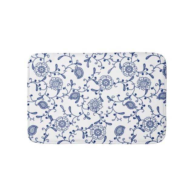Elegant Boho Blue and White Flowers and Swirls Badrumsmatta (Framsidan)