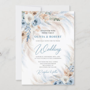 Elegant boho blue blommigt och elfenbenspampas ro inbjudningar
