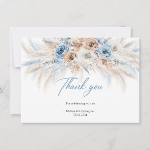 Elegant boho blue blommigt och elfenbenspampas ro tack kort