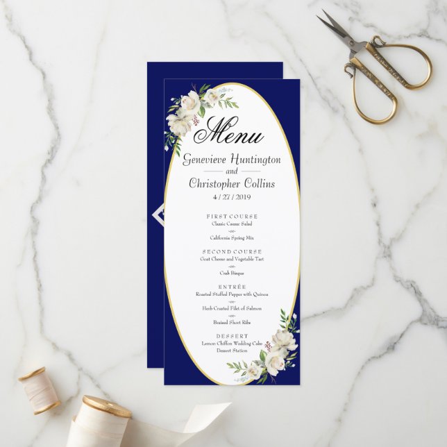 Elegant Boho Blue Blommigt Wedding Reception Menu Program (Fram/Back In Situ)