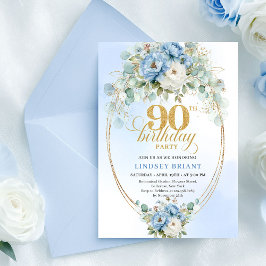 Elegant Boho Blue Floral 90th Birthday Invitation Inbjudningar
