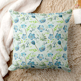 Elegant Boho Blue Grönt Watercolor Flowers Kudde