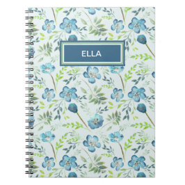 Elegant Boho Blue Grönt Watercolor Flowers Namn Anteckningsbok
