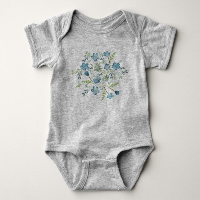 Elegant Boho Blue Grönt Watercolor Flowers T Shirt (Framsida)