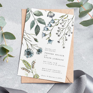Elegant Boho Blue Grönt Wildblomma Bröllop Inbjudningar