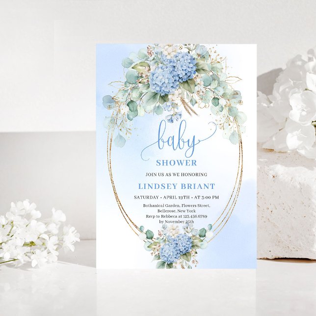Elegant Boho Blue Hydrangea Gold Baby Shower Inbjudningar (Elegant Boho Blue Hydrangea Gold Baby Shower Invite)