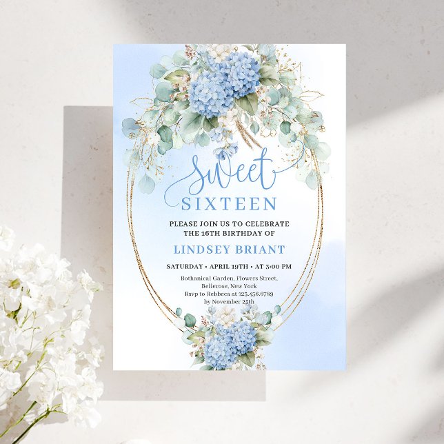 Elegant Boho Blue Hydrangeas Sweet Sixteen Invite Inbjudningar (Elegant Boho Blue Hydrangeas Sweet Sixteen Invite)