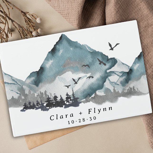 Elegant Boho Blue Mountain Forest Bröllop Gästböcker (Skapare uppladdad)