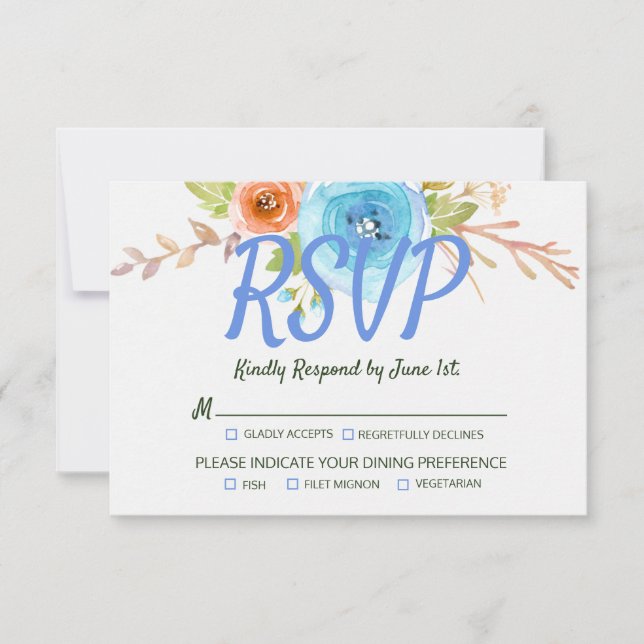 Elegant Boho Blue Peach Ro Blommigt Bröllop OSA Kort (Framsida)