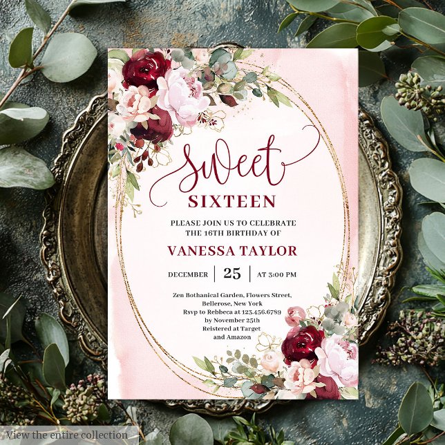 Elegant Boho Blush Burgundy Floral Sweet Sixteen  Inbjudningar (Elegant Boho Blush Burgundy Floral Sweet Sixteen Invite

)
