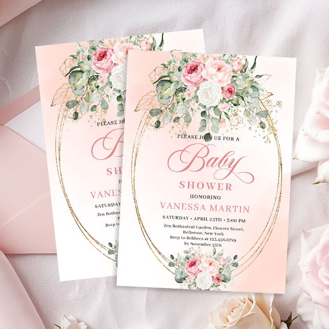 Elegant Boho Blush Roses Gold Baby Shower Invite Inbjudningar (Elegant Boho Blush Roses Gold Baby Shower Invitation)
