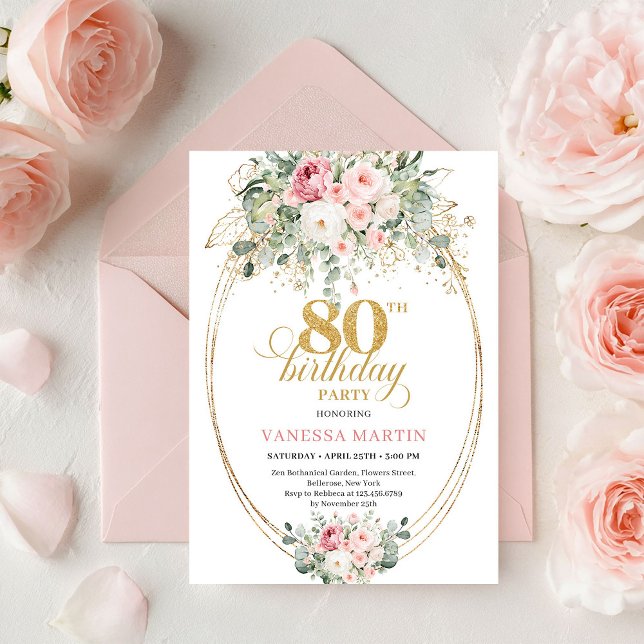 Elegant Boho Blush Rosor 80-års Födelsedagsinbjuda Inbjudningar (Elegant Boho Blush Roses Greenery Gold 80th Birthday)