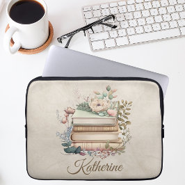 Elegant Boho Bokstapel Blommig Namn Laptop Fodral