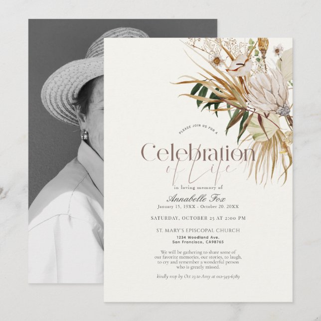 Elegant Boho Botanical Funeral Memorial Inbjudningar (Fram/baksida)