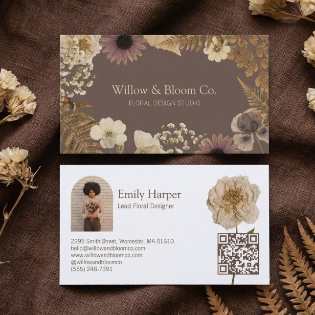 Elegant Boho Botanical Wildflower Floral Photo QR Visitkort (Elegant Boho Botanical Wildflower Floral Photo QR Business Card)