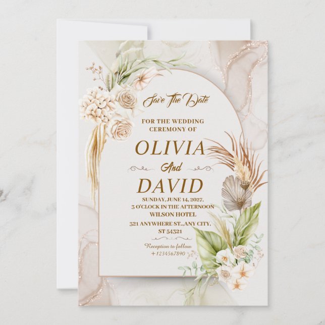 Elegant Boho Bröllop Beige Blommigt Spara datum Inbjudningar (Framsida)
