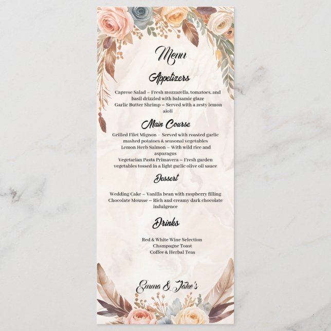 Elegant Boho Bröllop Menu Meny (Framsida)