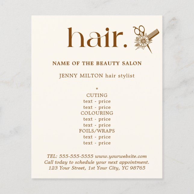 Elegant Boho Brown Golden Scissors Hair Menu Flygblad (Framsidan)