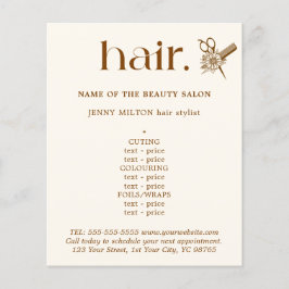 Elegant Boho Brown Golden Scissors Hair Menu Flygblad