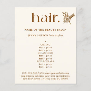 Elegant Boho Brown Golden Scissors Hair Menu Flygblad
