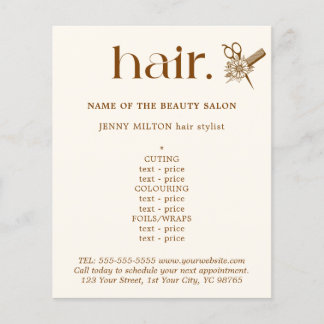 Elegant Boho Brown Golden Scissors Hair Menu Flygblad