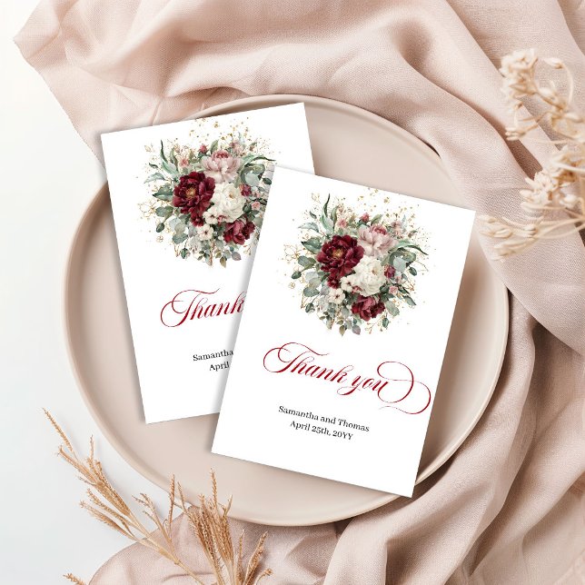 Elegant Boho Burgunder Grönska Guld Bröllop Tack K Kort (Chic Boho Burgundy Greenery Gold Wedding Thank You Card)
