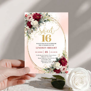 Elegant Boho Burgunder Guld Blommig 16-årsdag Inbjudningar